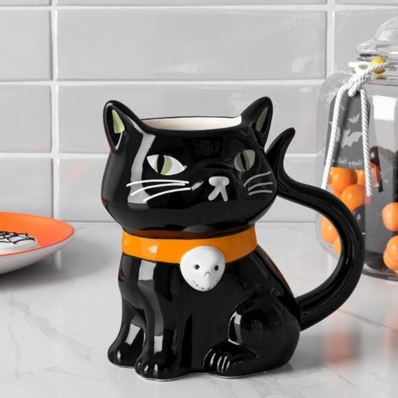 NWT Black Cat Figural Halloween Mug 12 oz Stoneware Orange Collar Hyde and Eek - Picture 3 of 3